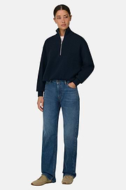 Quarter-Zip Jumper in Wool and Cashmere, Navy blue, thumb, 2