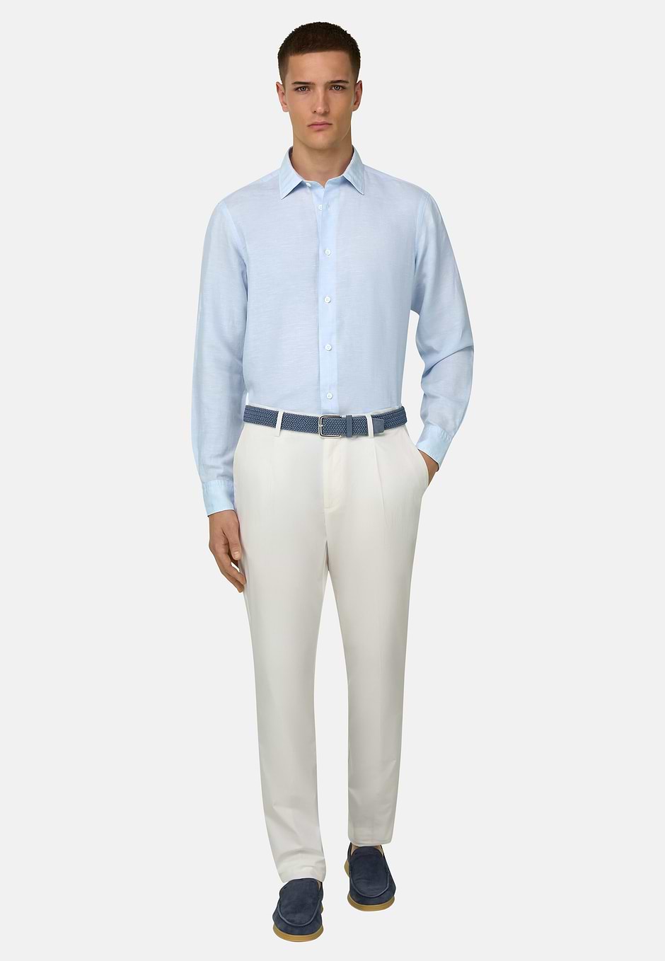 Camicia In Tencel Lino Regular Fit, Azzurro, hi-res