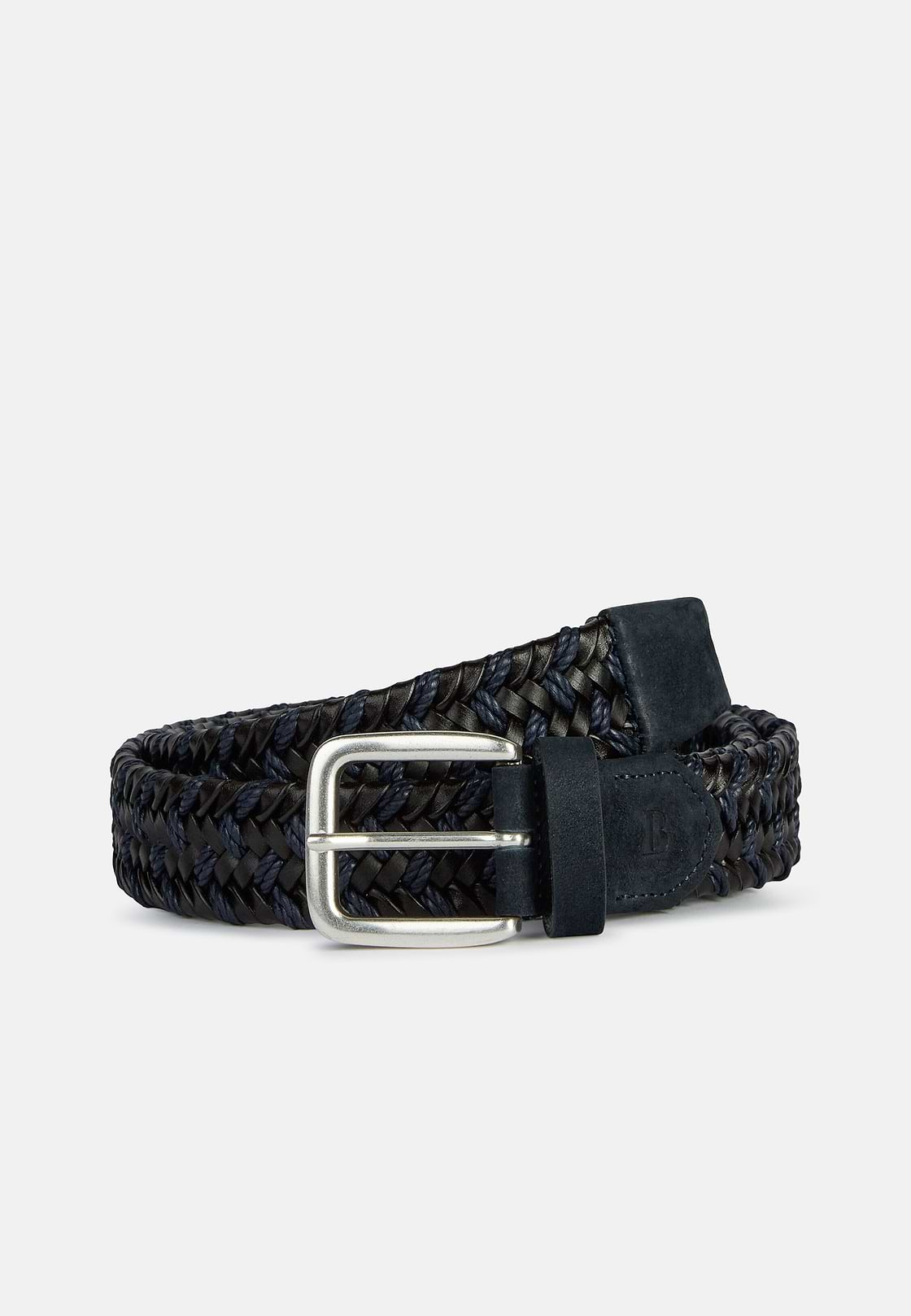 Stretch Leather/Fabric Woven Belt, Navy blue, hi-res