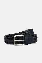 Geweven riem van stretch leer/stof, Navy blue, hi-res