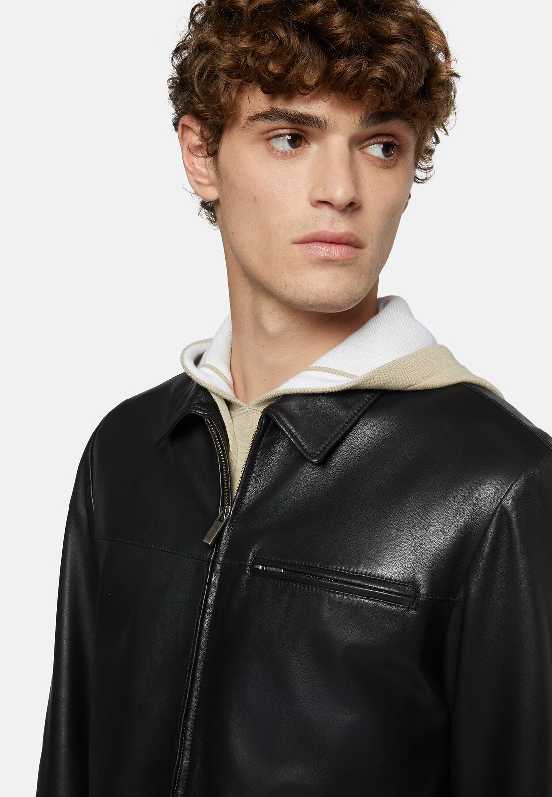 Genuine Leather Bomber Jacket, Black, hi-res