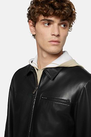 Genuine Leather Bomber Jacket, Black, hi-res