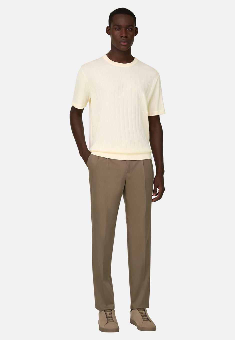 Knitted T-Shirt in Cotton and Silk, Cream, hi-res