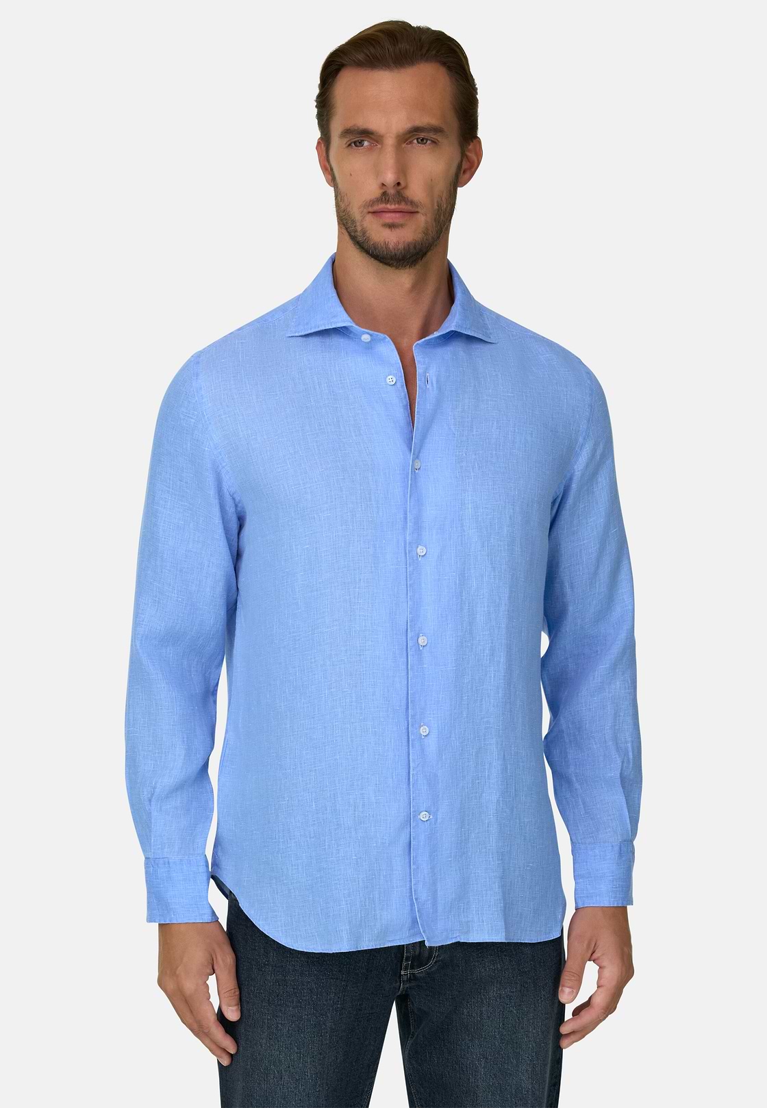 Chemise Bleu Clair En Lin Coupe Droite, , hi-res, 1