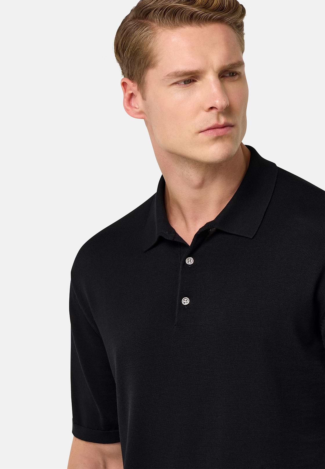 Cotton and Silk Knitted Polo Shirt, Black, hi-res