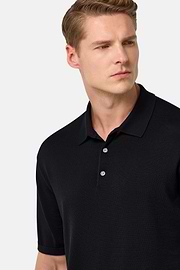 Cotton and Silk Knitted Polo Shirt, Black, hi-res