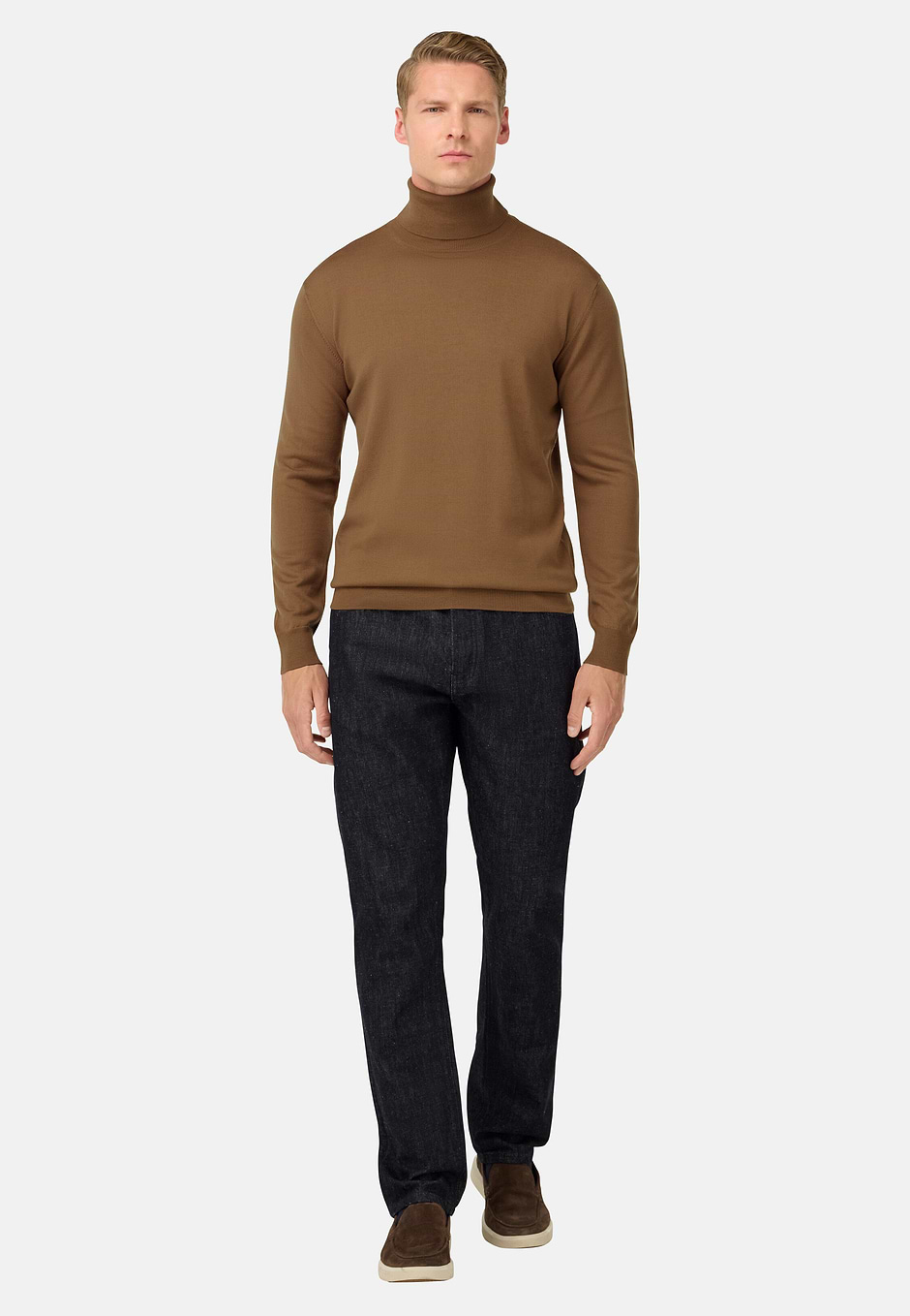 Merino Wool Polo Neck Jumper, Hazelnut, hi-res