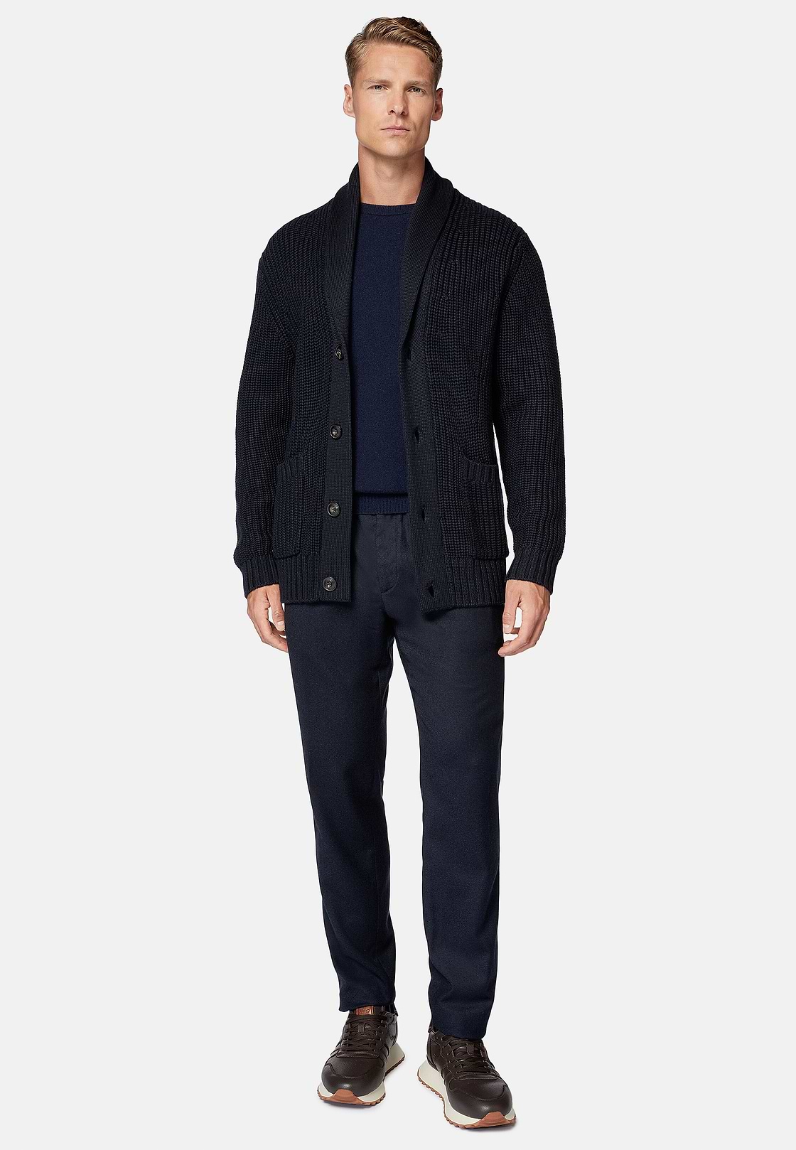 Navy Shawl Neck Cardigan In Merino Wool, Navy blue, hi-res