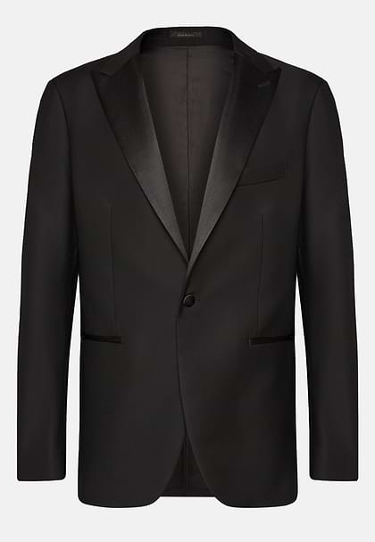 Black Wool Tuxedo Jacket with Peak Lapels, Black, hi-res