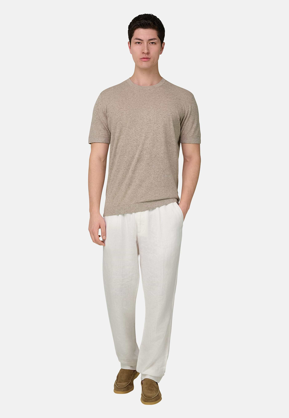 Knitted T-Shirt in Linen and Cotton, Taupe, hi-res