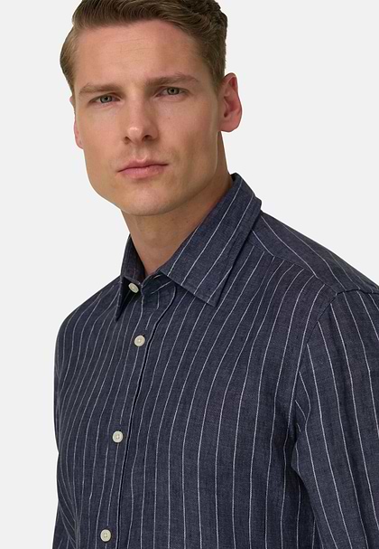Koszula lniana, klasyczny fason, Navy blue, hi-res