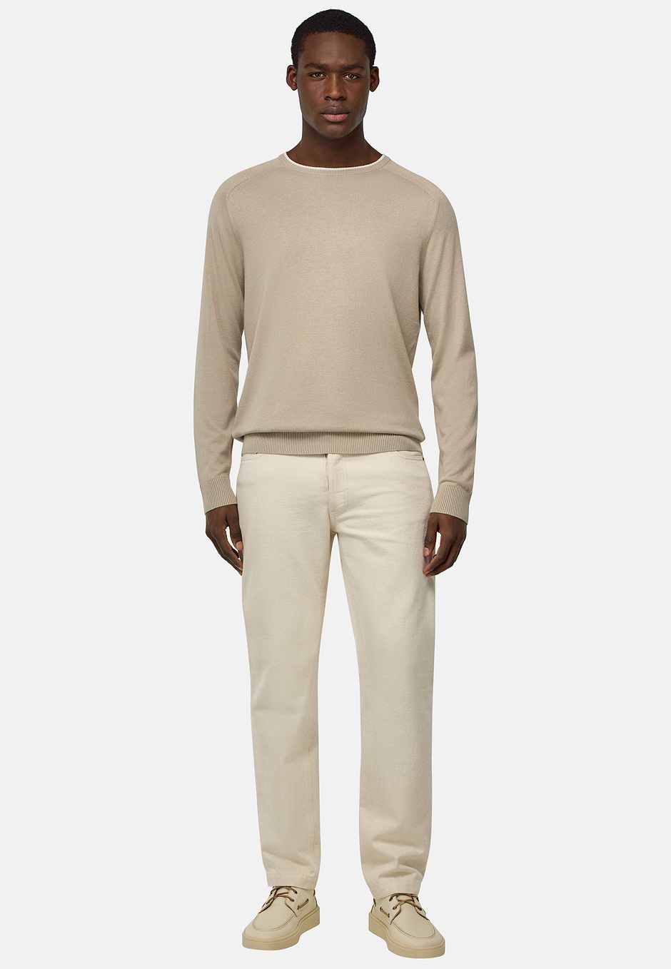 Cotton, Silk and Cashmere Crew Neck Jumper, Sand, hi-res