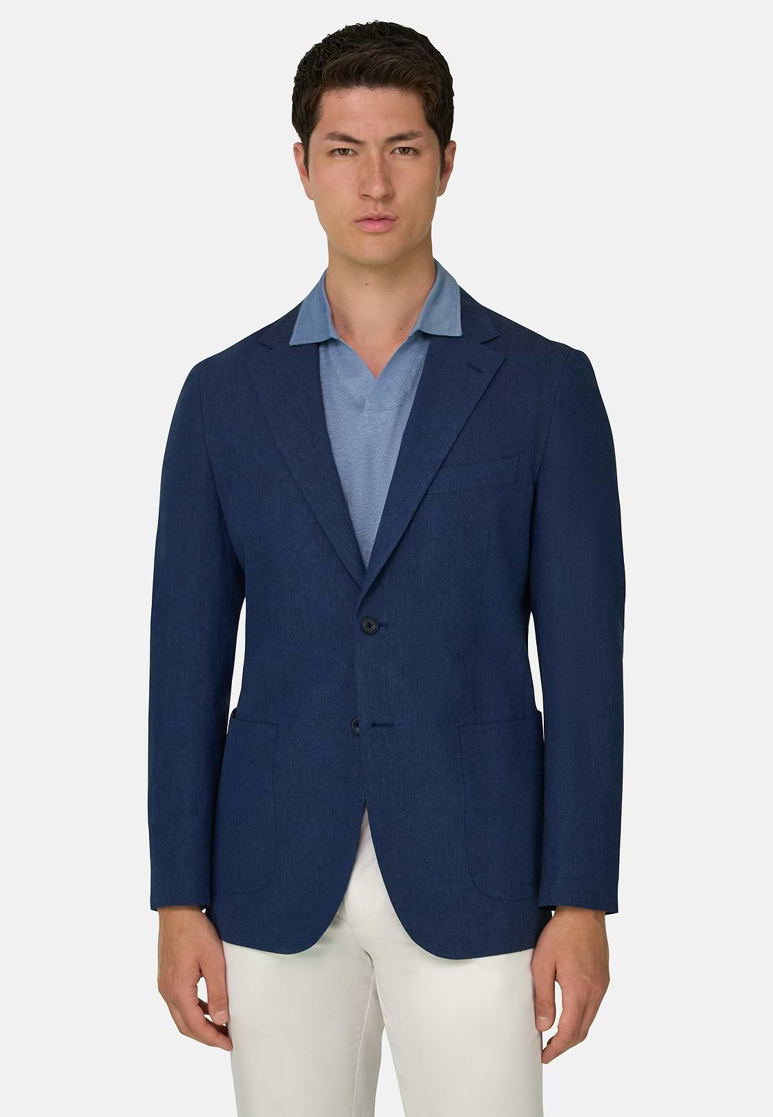 Giacca In Lino E Cotone Melange, Blu, hi-res, 2