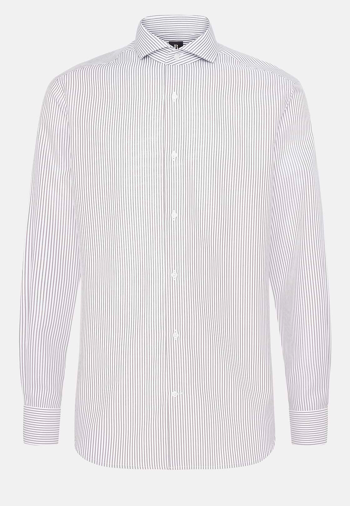 Camicia A Righe In Twill Di Cotone Slim Fit, Marrone, hi-res