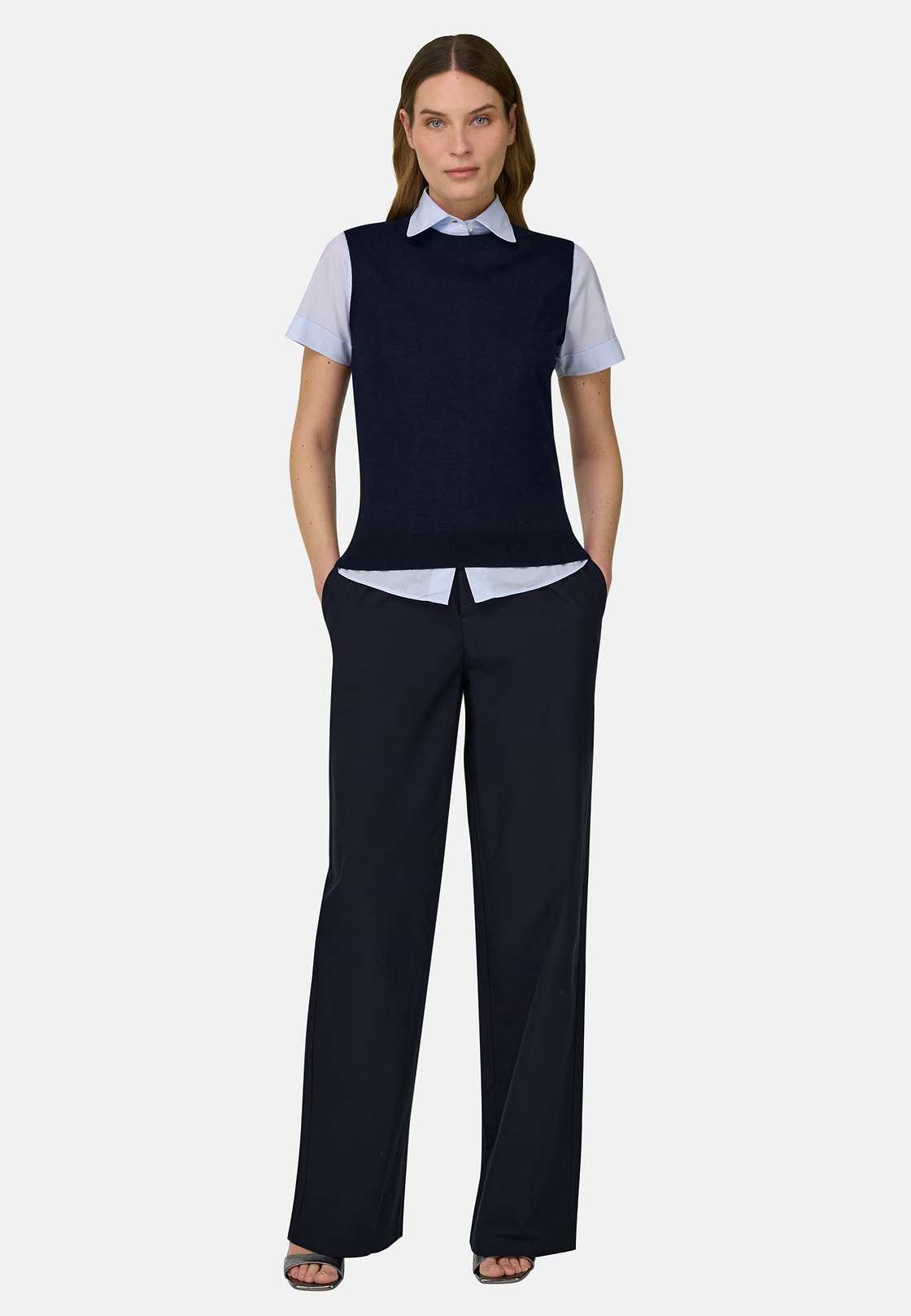 Rundhalspullover Aus Superfeiner Merinowolle Und Seide, Navy blau, hi-res, 2