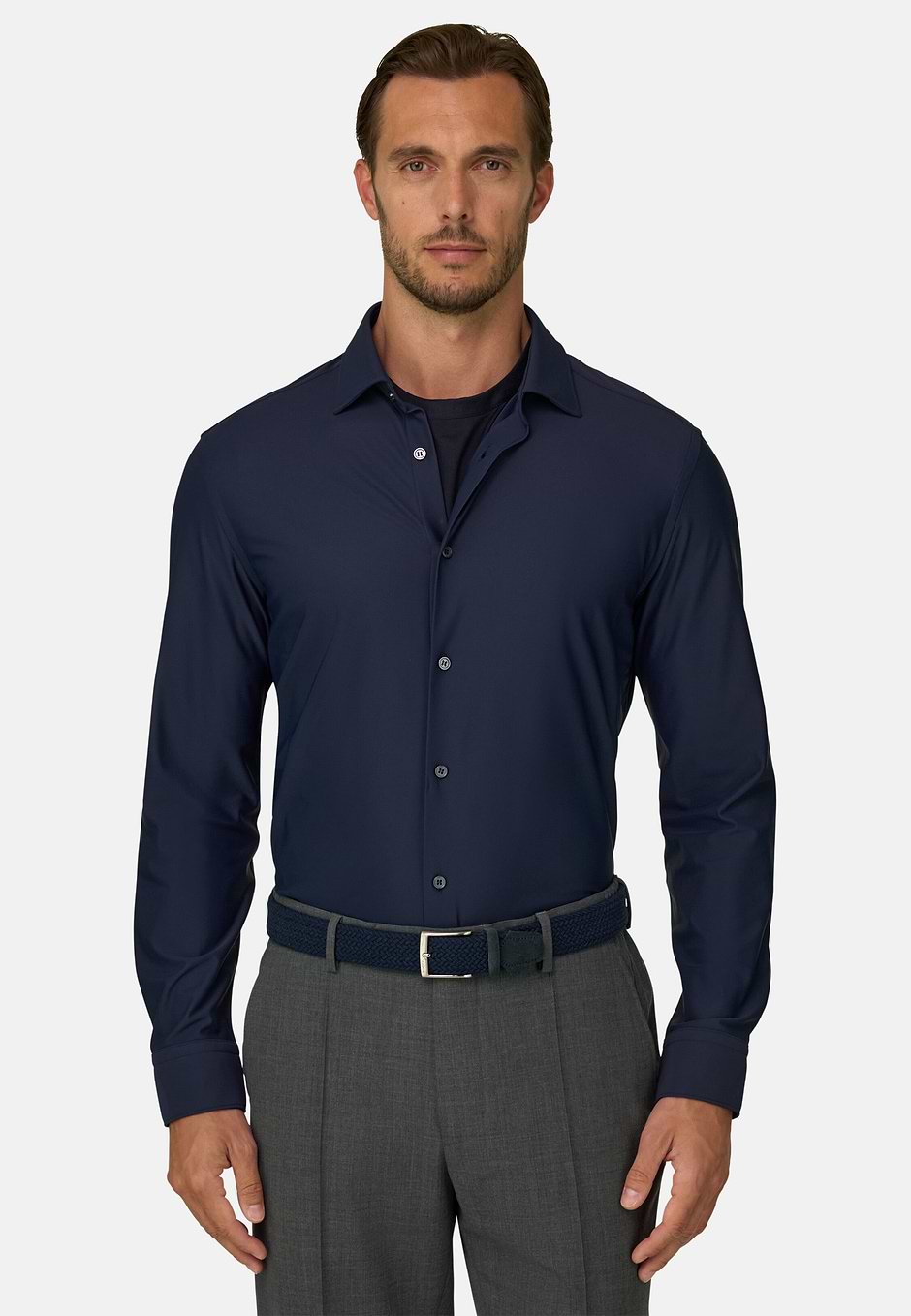 Hemd aus Stretch-Nylon B Tech Slim Fit, Navy blau, hi-res