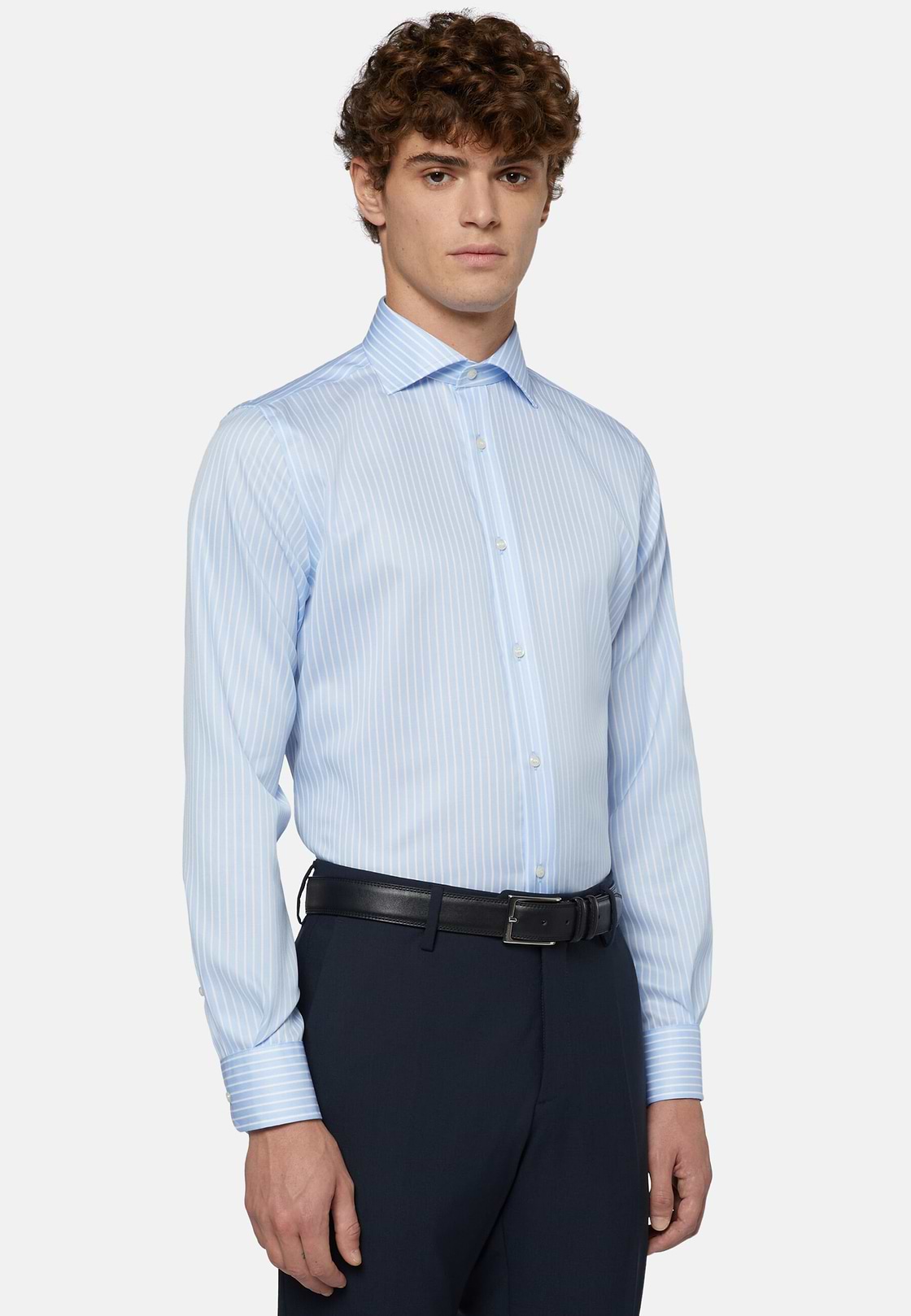 Chemise À Rayures Bleu Clair En Sergé De Coton Regular Fit, Bleu clair, hi-res