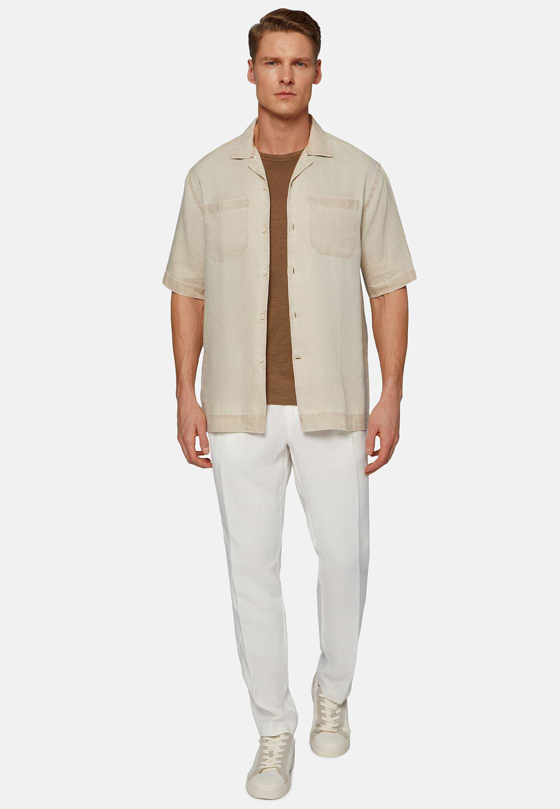 Camisa Larga em Linho Bege, Beige, hi-res