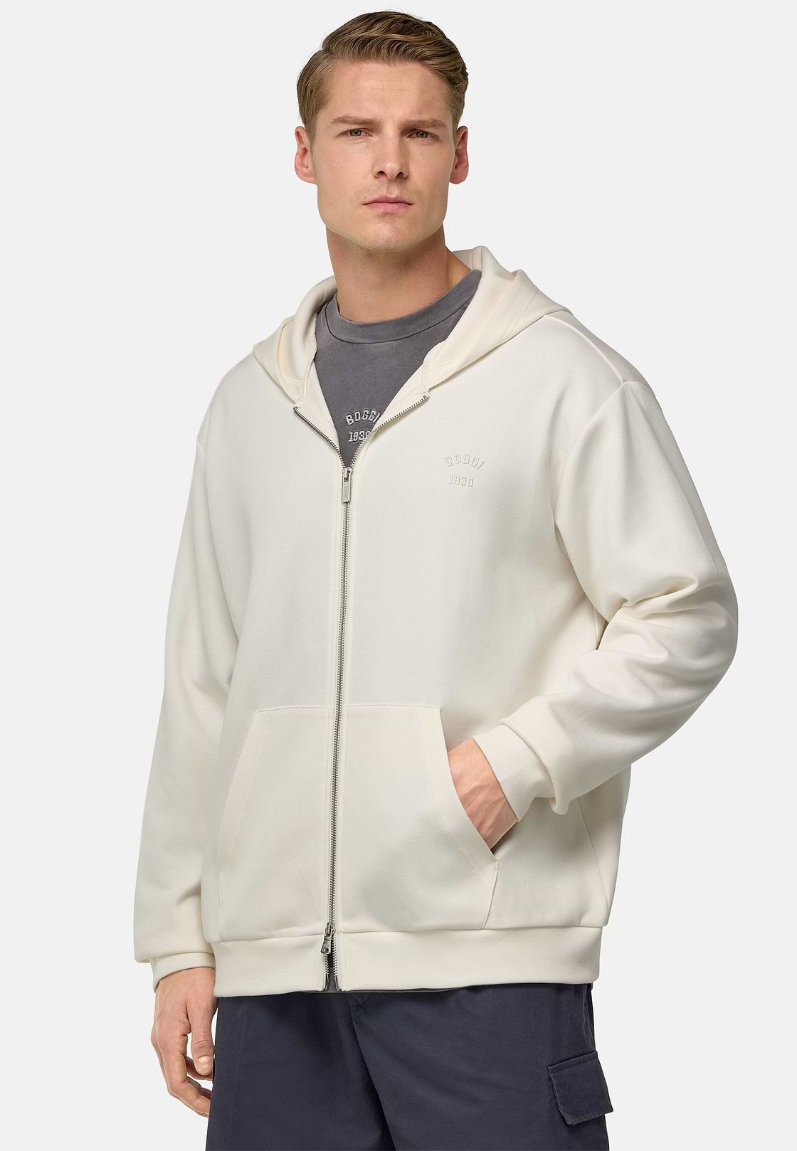Cotton Blend Full-Zip Sweatshirt, Cream, hi-res