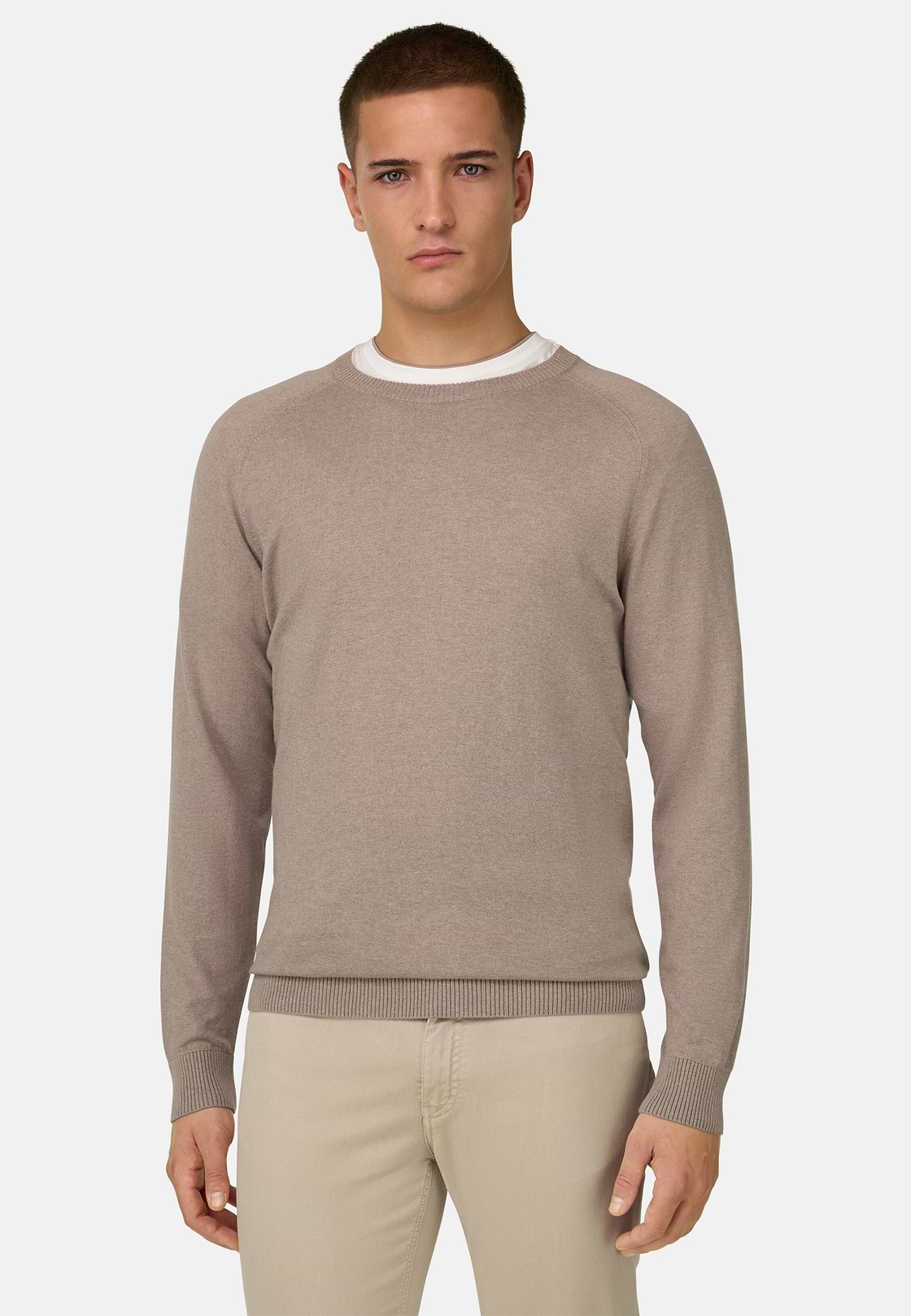 Pull Col Rond En Coton Soie Cachemire, Taupe, hi-res, 1