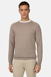 Pull Col Rond En Coton Soie Cachemire, Taupe, thumb, 1