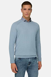 Pull Col Rond En Coton Soie Cachemire, Bleu clair, thumb, 1