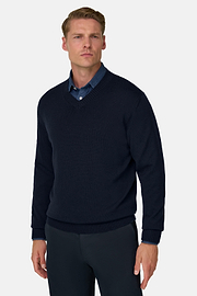 V-Neck Jumper in Extrafine Merino Wool, Navy blue, thumb, 1