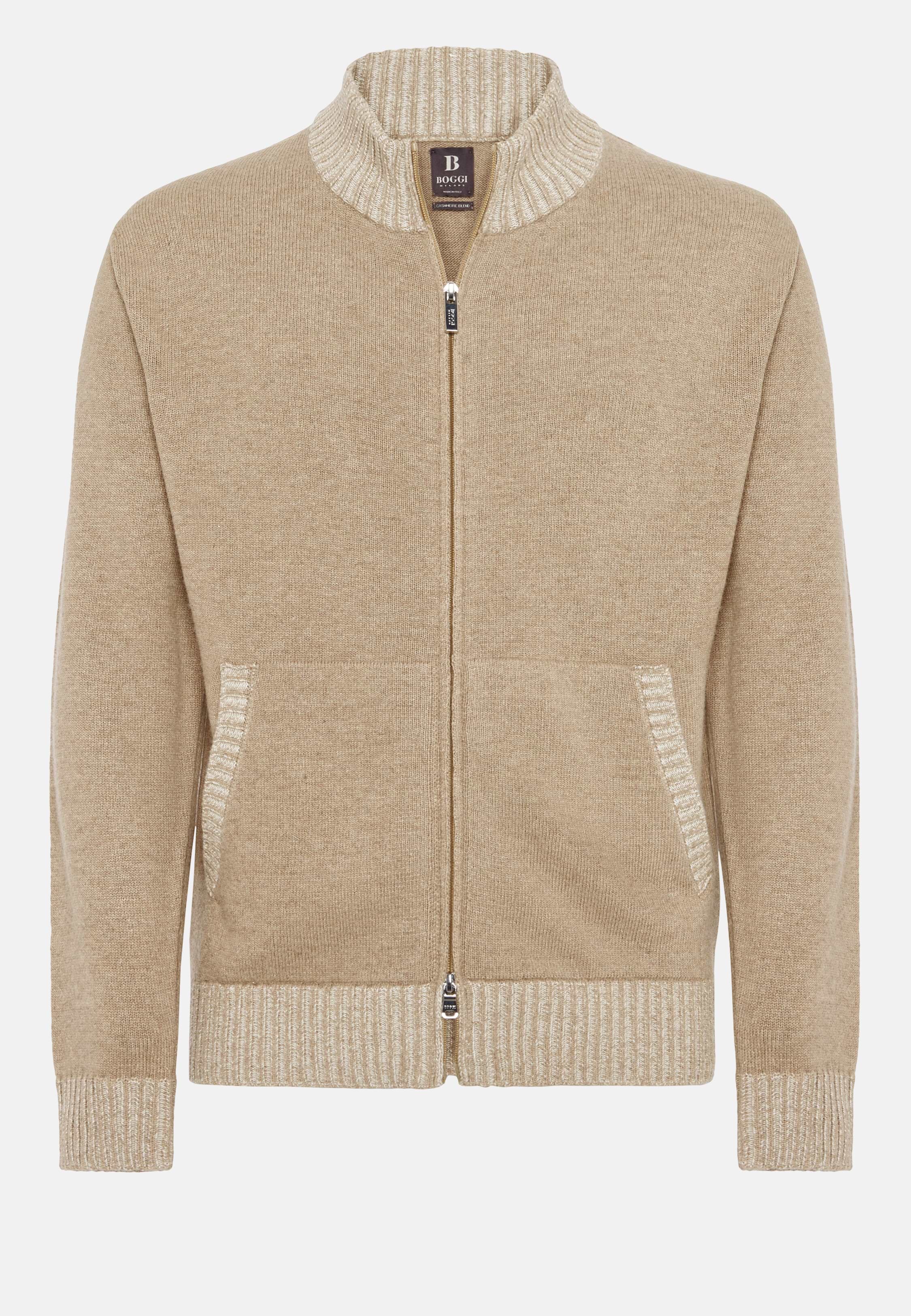 Men's Taupe Cashmere Blend Full Zip Jumper | Boggi Milano