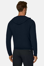 Full Zip Hooded Jumper in Superfine Merino Wool, Navy blue, thumb, 4
