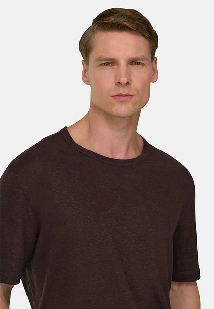 T-Shirt Aus Stretch-Leinen-Jersey, Dunkelbraun, hi-res