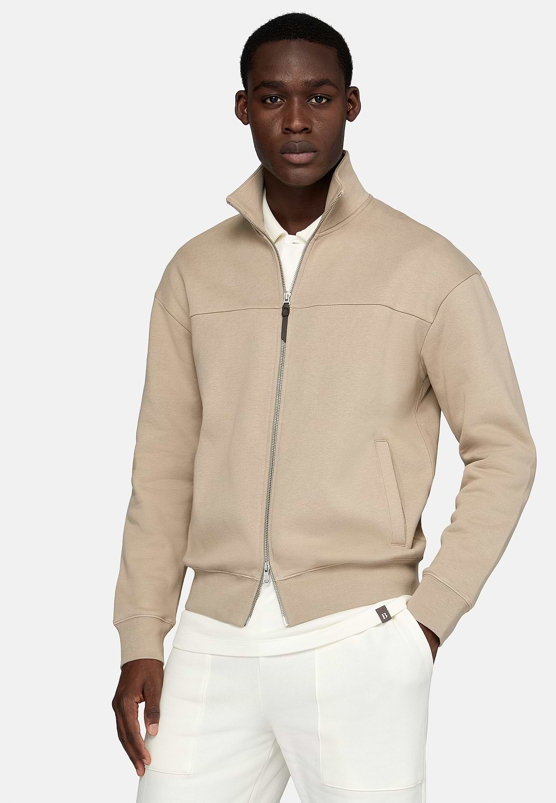 Full Zip Cotton Mock Polo Neck Sweatshirt, Beige, hi-res