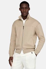 Full Zip Cotton Mock Polo Neck Sweatshirt, Beige, hi-res