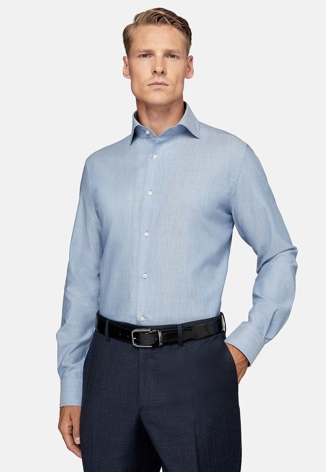 Chemise Nid D'Abeille En Coton Regular Fit, Bleu clair, hi-res