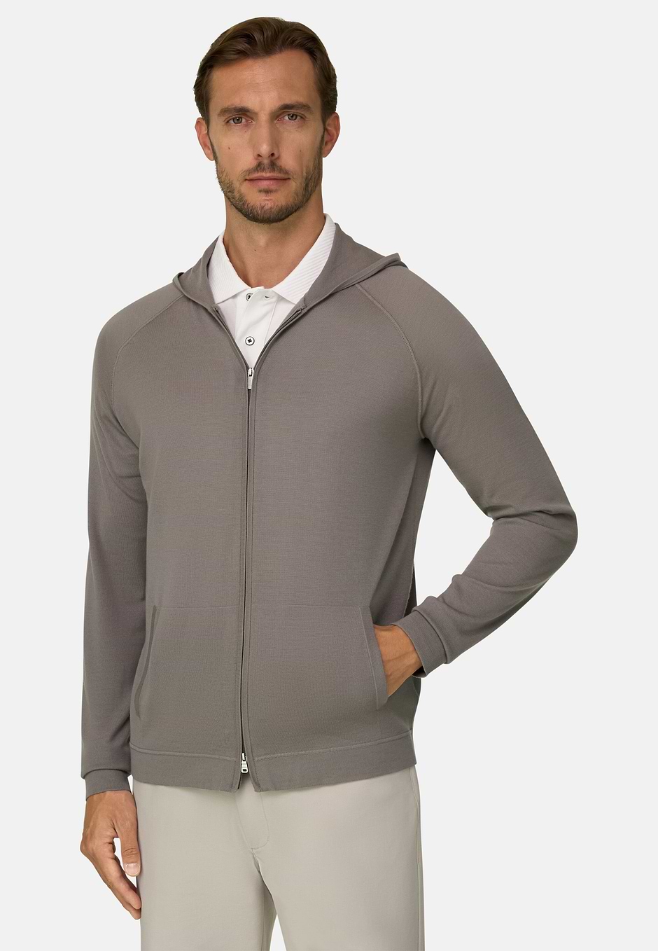 Strick-Sweatshirt mit durchgehendem Reißverschluss Kapuze Merino Superfine, Taupe, hi-res