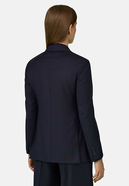 Marynarka Dwurzędowa z Wełny w Kredkowy Prążek, Navy blue, hi-res