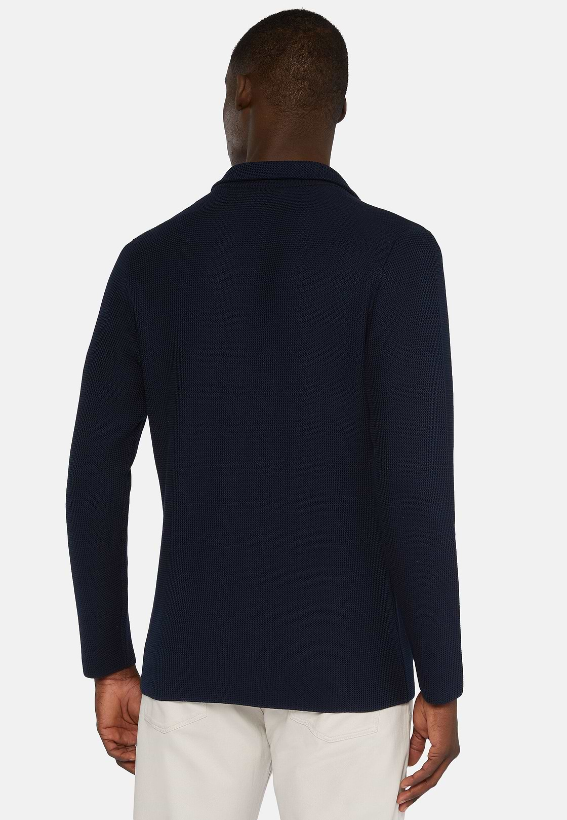 Giacca Monopetto Di Maglia Navy In Cotone Crepe, Navy, hi-res