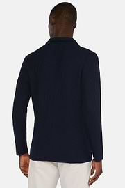 Navy Crêpe Cotton Knitted Single Breasted Jacket, Navy blue, hi-res