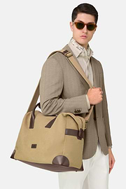 Cotton and Leather Duffle Bag, Beige, thumb, 2