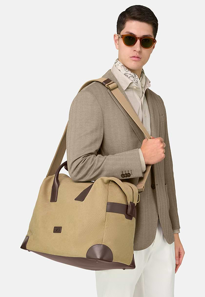 Cotton and Leather Duffle Bag, Beige, hi-res