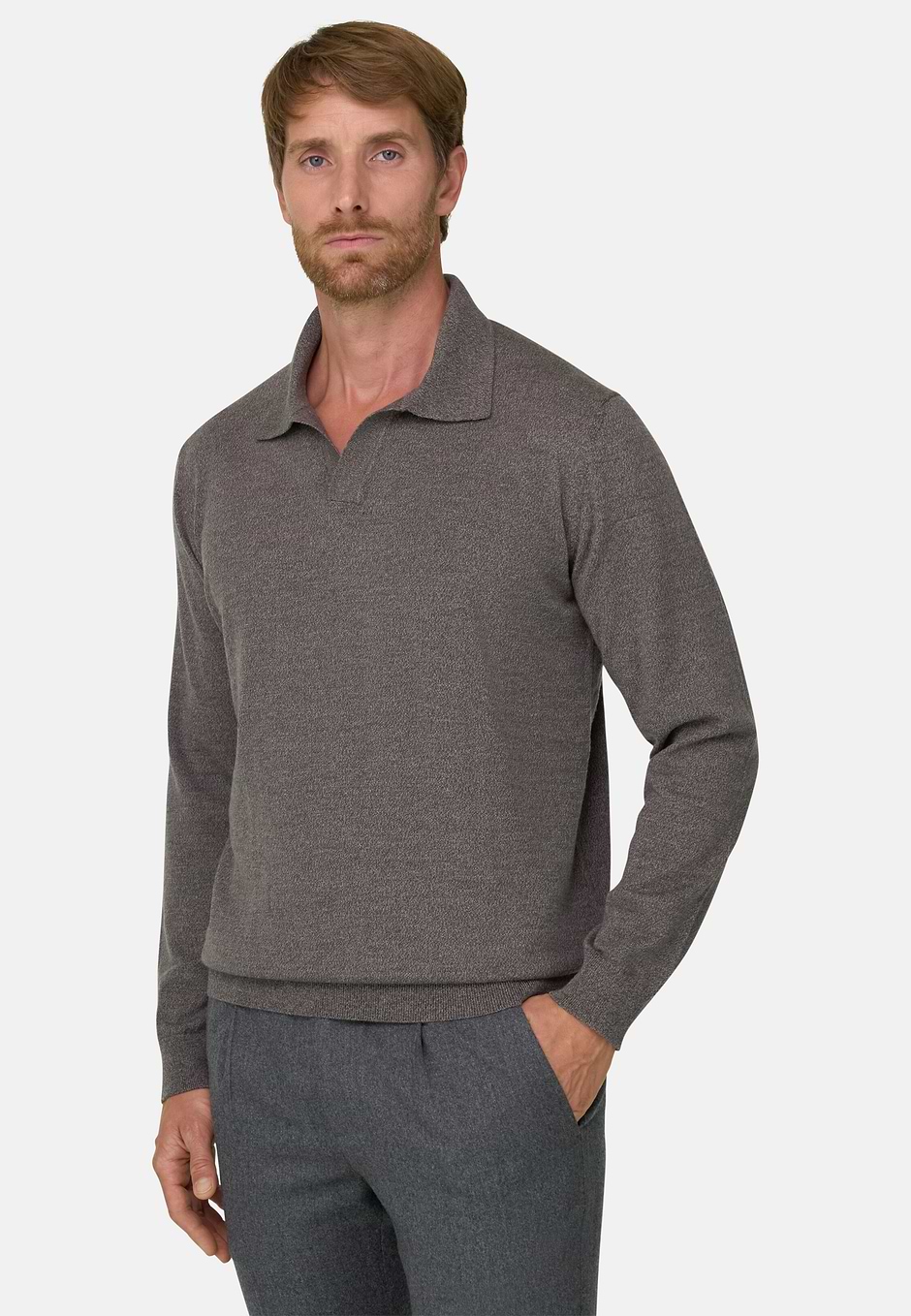 Polo en Maille en Laine Mérinos Cashwool® Mouliné, Taupe, hi-res
