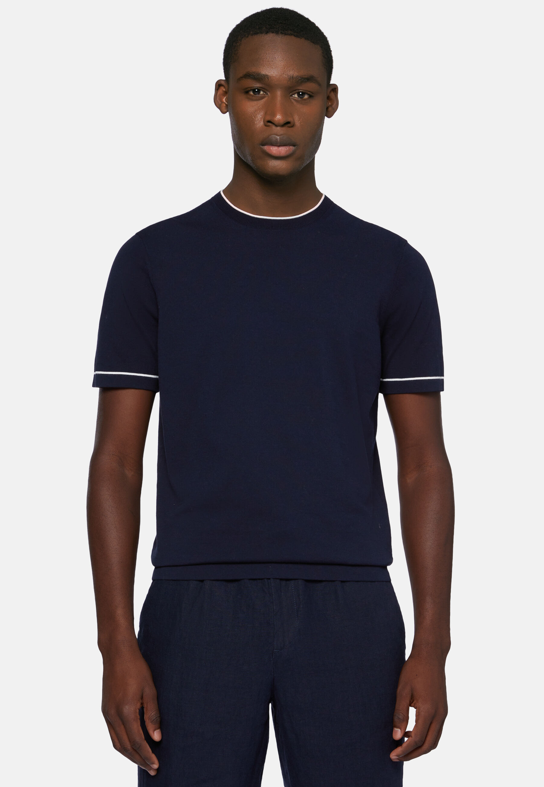 Navy Cotton Crepe Knit T-shirt, Navy blue, hi-res