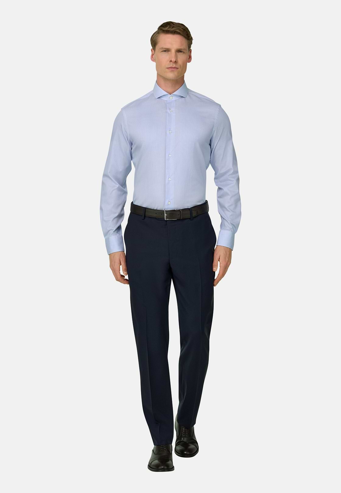 Camicia A Righe In Cotone Slim Fit, Azzurro, hi-res, 2