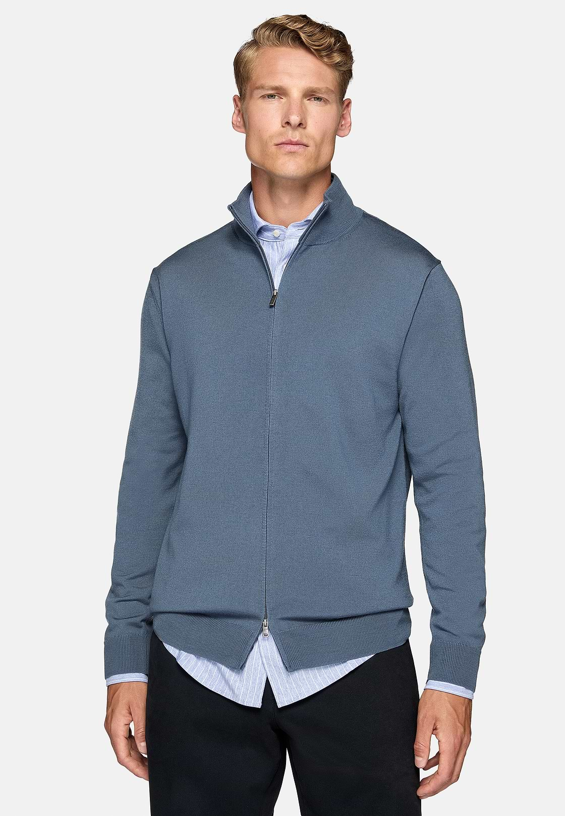 Maglia Full Zip Indigo In Lana Merino, Indaco, hi-res