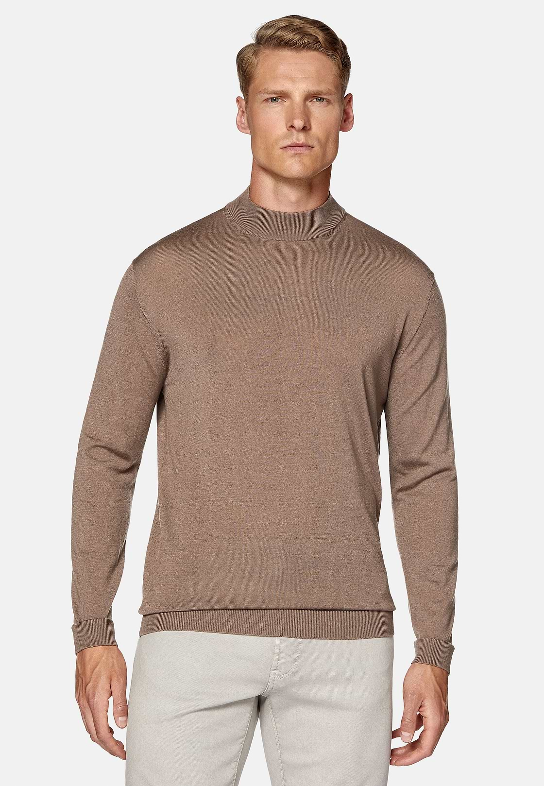 Brauner Pullover Mit Stehkragen Aus Superfeiner Merinowolle, Braun, hi-res