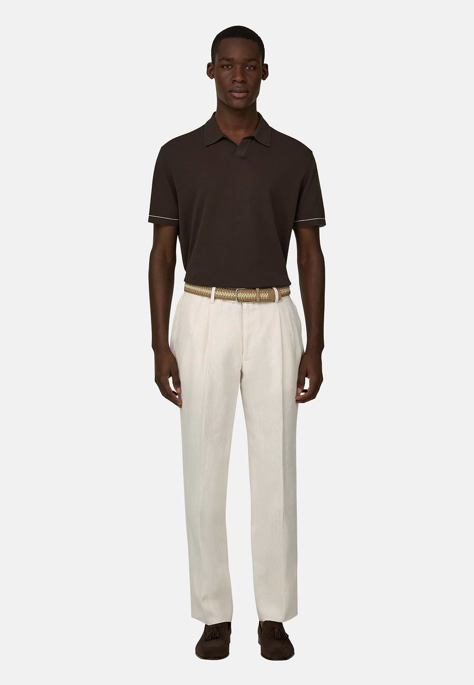 Cotton Crêpe Knit Polo Shirt, Dark brown, hi-res