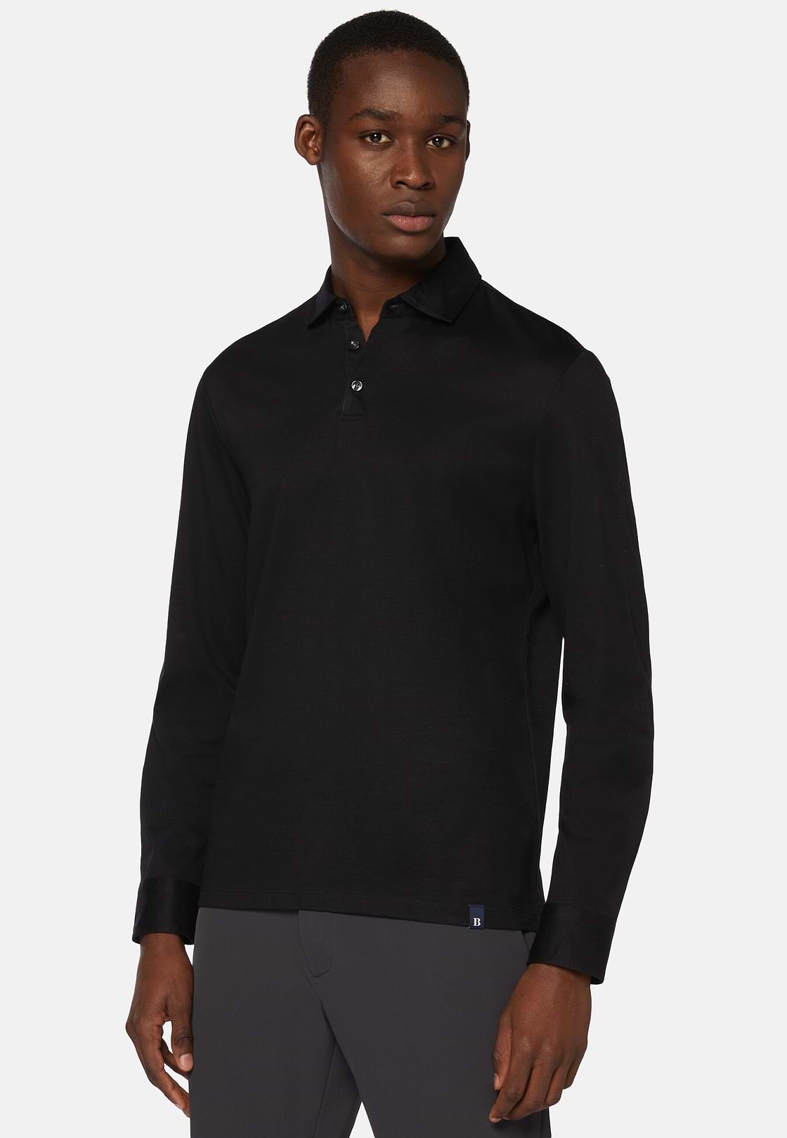 Polo In Jersey Di Cotone Pima Regular Fit Manica Lunga, Nero, hi-res