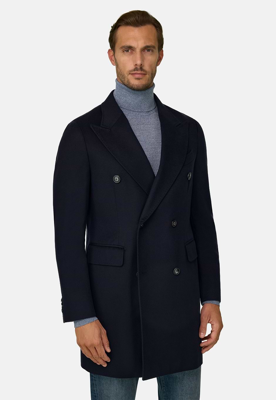 Coat in Pure Cashmere Double-Breasted, Navy blue, hi-res