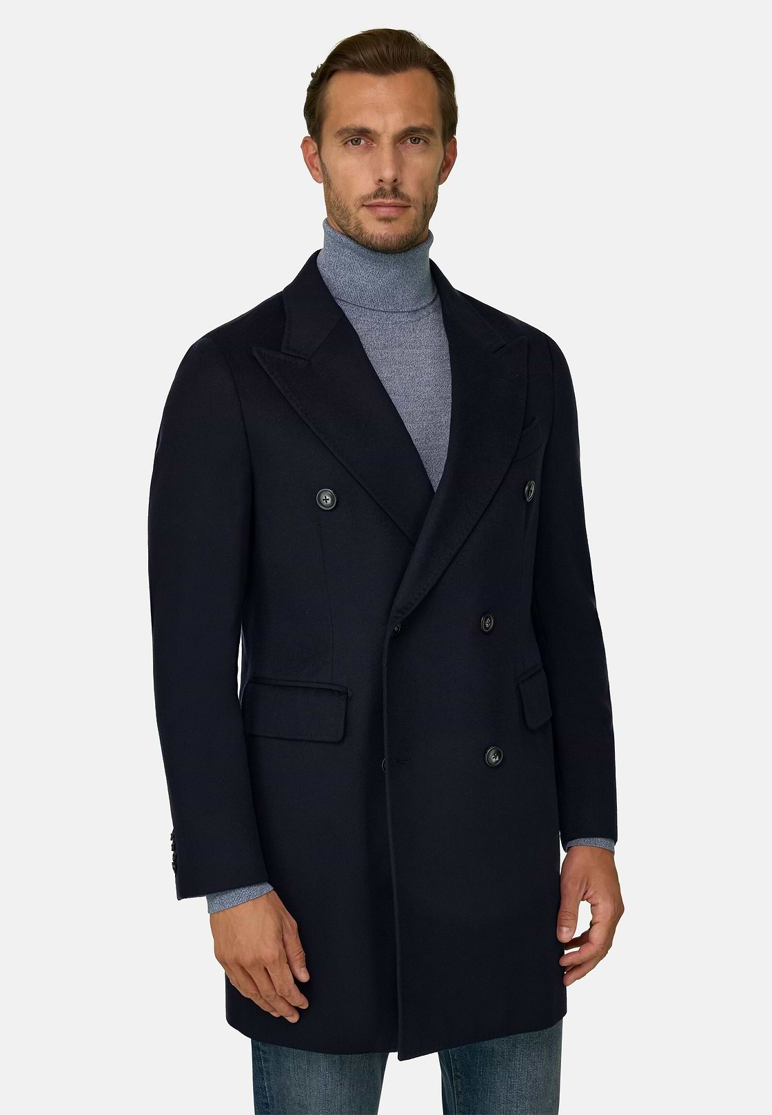 Coat in Pure Cashmere Double-Breasted, Navy blue, hi-res, 1