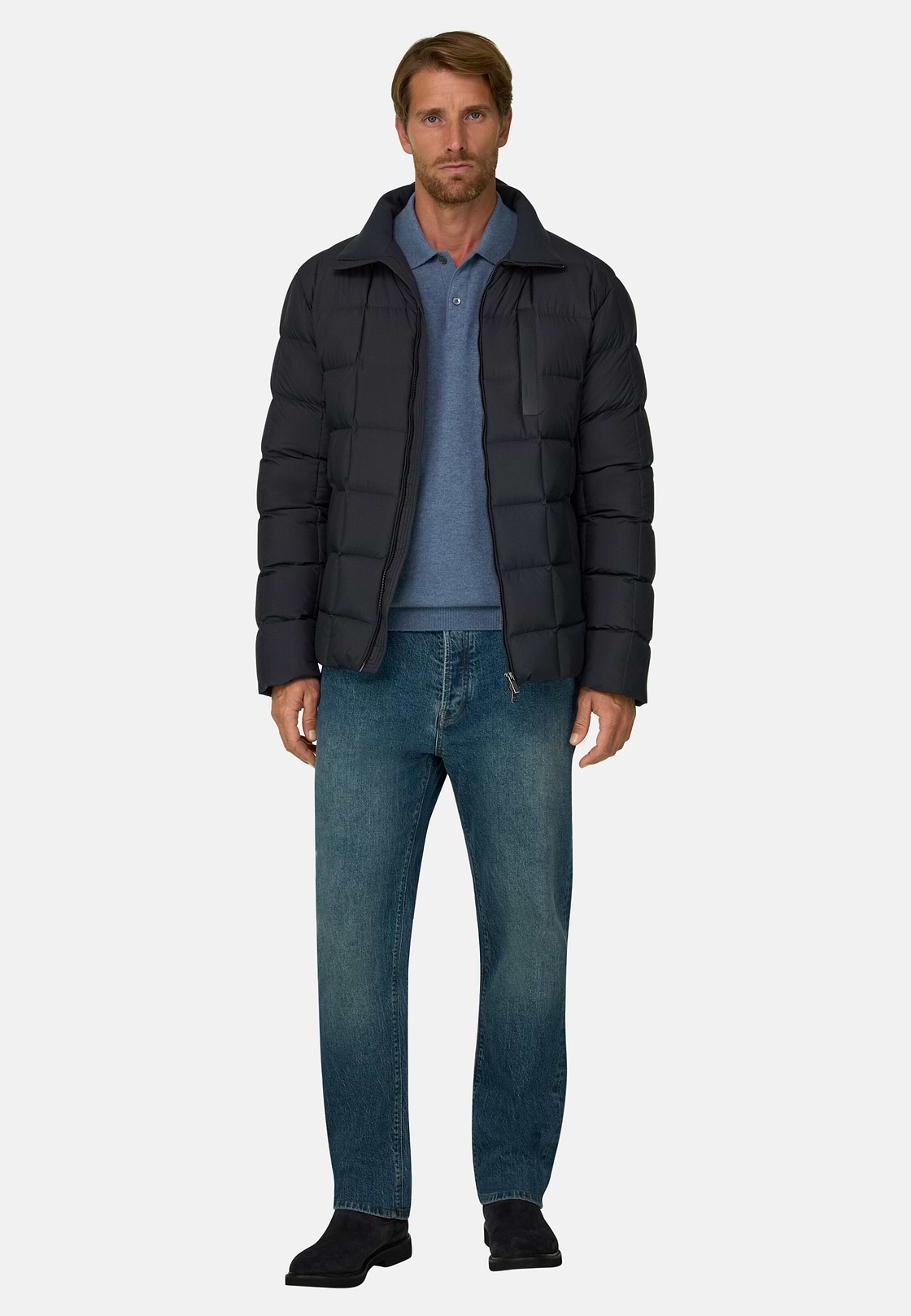 Bomber in Nylon Padded with Goose Down, Navy blue, hi-res, 2