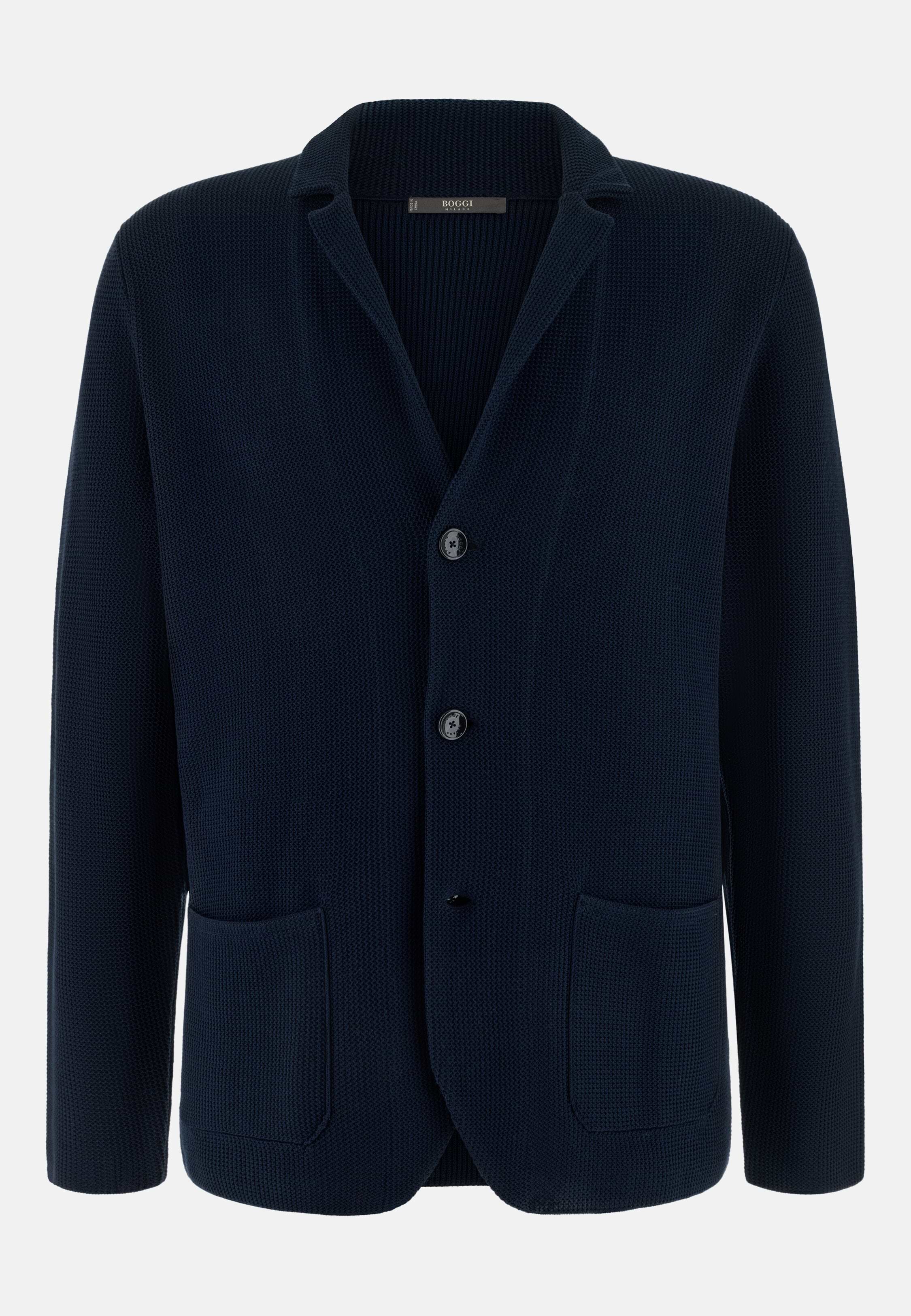 Men's Single-Breasted Knitted Jacket in Mercerised Cotton, Navy